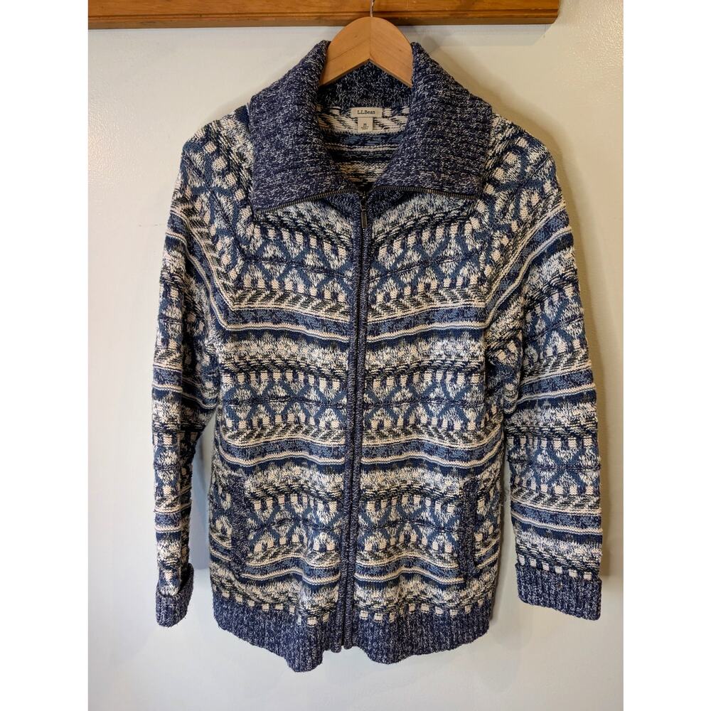 L.L. Bean Fair Isle Zip Cardigan Sweater Blue Cream Cotton Womens M